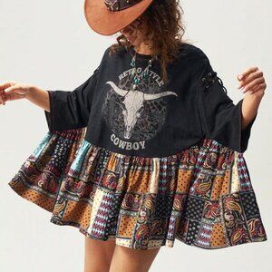 - BOUTIQUE RETRO STYLE COWBOY PATCHWORK OVERSIZED BABYDOLL TOP